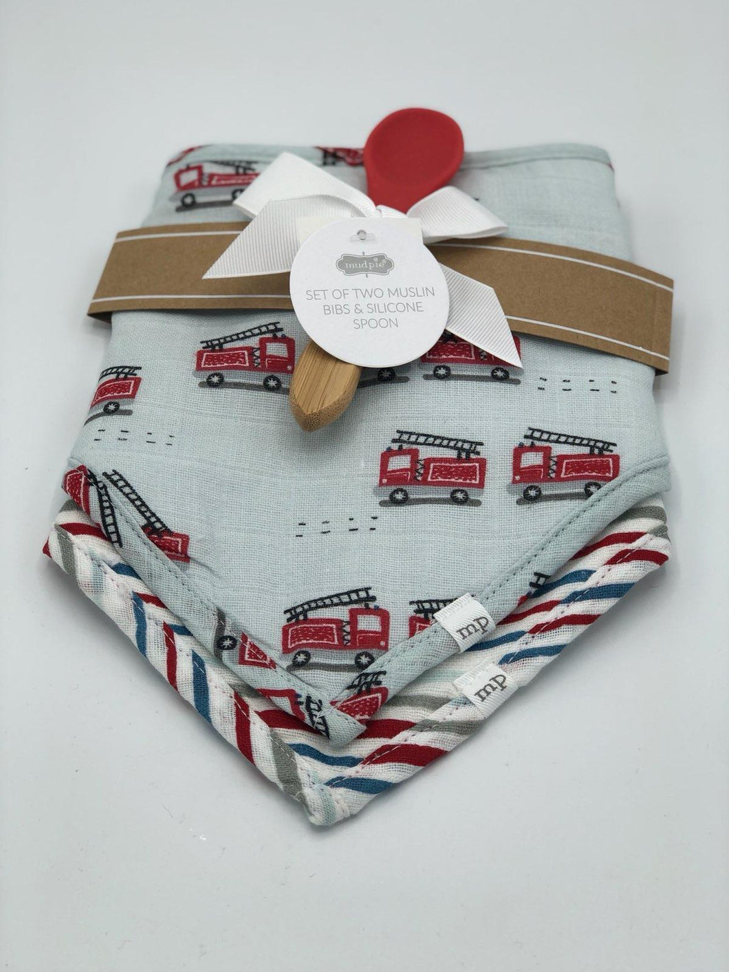 Mud Pie - Firetruck Muslin Bibs (Set of 2) with Silicone Spoon
