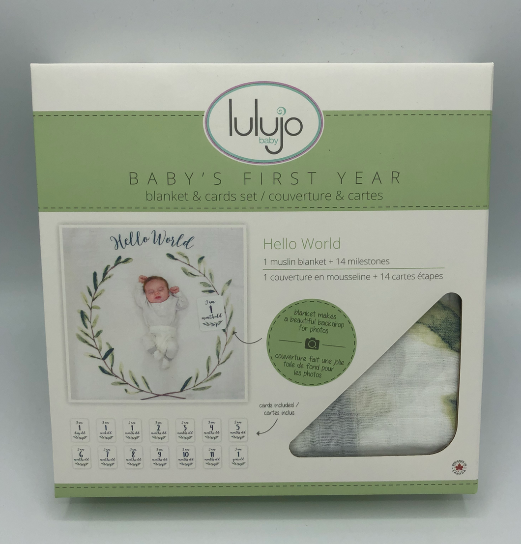 Lulujo Baby Hello World Baby's First Year Swaddle Blanket & Cards Set